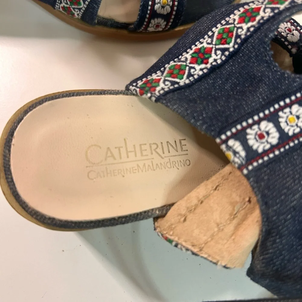 Catherine Malandrino Blue Denim Embroidered Lace Up Block Heel Sandals 7.5